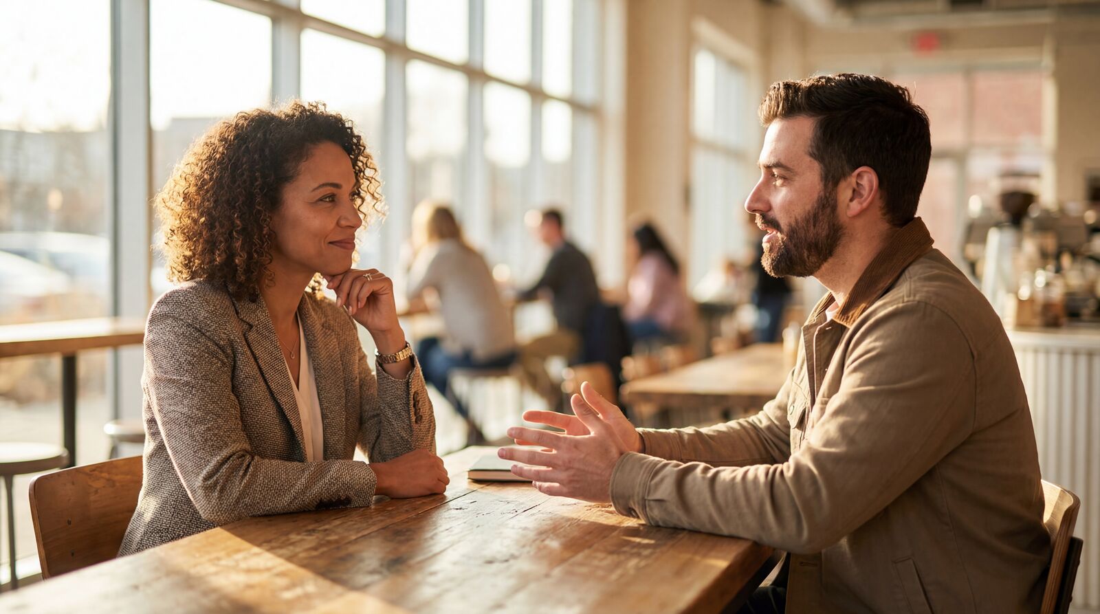 Two professionals having an engaged conversation